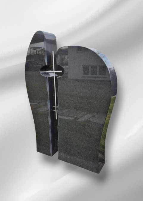 Glänzender Grabstein aus zwei Teilen mit Metallkreuz